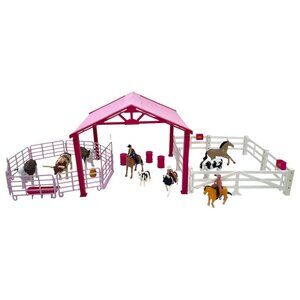 New Ray Kids Toy Valley Ranch Horse & Cattle Deluxe Playset Pink Pole Barn